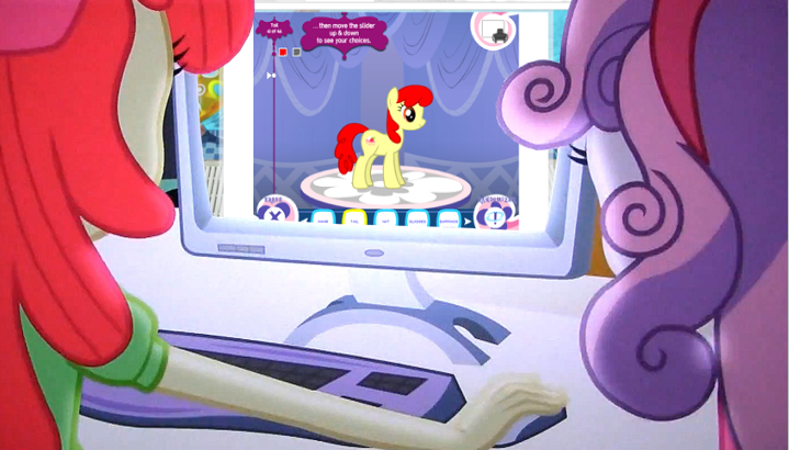 Size: 719x410 | Tagged: safe, derpibooru import, edit, edited screencap, screencap, apple bloom, sweetie belle, equestria girls, equestria girls (movie), computer, duo, fabulous pony maker, hubworld, meme, obligatory pony, the crusaders browse the internet