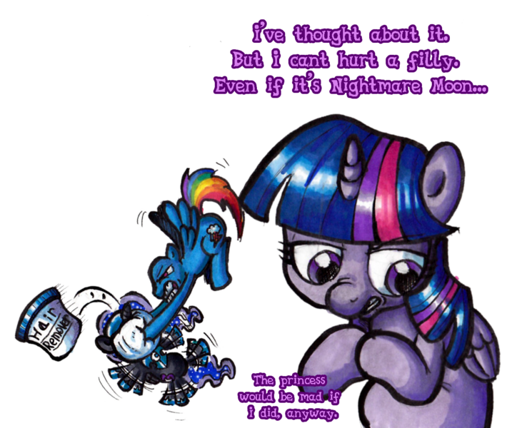 Size: 1399x1171 | Tagged: semi-grimdark, artist:darkone10, derpibooru import, nightmare moon, rainbow dash, twilight sparkle, twilight sparkle (alicorn), alicorn, pony, bald! bald! bald!, cute, female, filly, mare, nightmare woon