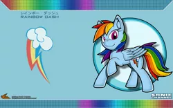 Size: 1920x1200 | Tagged: artist:fuzon-s, crossover, derpibooru import, japanese, looking at you, rainbow dash, raised hoof, raised leg, safe, solo, sonic channel, sonic the hedgehog (series), style emulation, wallpaper, windswept mane, yuji uekawa style