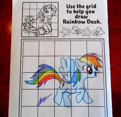 Size: 500x482 | Tagged: activity book, derpibooru import, drawing, flying, fuck the police, g3, g3 to g4, g4, generation leap, grid, irl, merchandise, open mouth, photo, rainbow dash, rainbow dash (g3), safe, smiling, solo, spread wings, traditional art, wings
