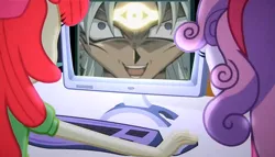 Size: 686x393 | Tagged: safe, derpibooru import, edit, edited screencap, screencap, apple bloom, sweetie belle, equestria girls, equestria girls (movie), computer, kill your family show, marik ishtar, melvin ishtar, meme, obligatory pony, the crusaders browse the internet, this will end in death, ygotas, yu-gi-oh!, yugioh abridged