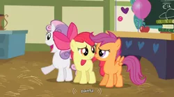 Size: 854x479 | Tagged: apple bloom, balloon, caption, cutie mark crusaders, derpibooru import, edit, edited screencap, hearts and hooves day, hearts and hooves day (episode), meme, safe, scootaloo, screencap, sweetie belle, youtube caption