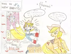 Size: 885x679 | Tagged: applejack, artist:milesderpy, clock, cowboy hat, crossover, derpibooru import, destiny manifesto, hat, miles "tails" prower, saddle, safe, sonic the hedgehog (series), tack, thief, traditional art, vulgar