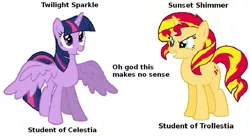 Size: 1051x575 | Tagged: safe, derpibooru import, princess celestia, sunset shimmer, twilight sparkle, twilight sparkle (alicorn), alicorn, pony, simple background, text, trollestia, vector, wat, white background, wtf