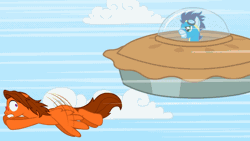 Size: 640x360 | Tagged: aha mclovin, animated, artist:aha-mccoy, chase, derpibooru import, flying, flying saucer, food, oc, pie, safe, soarin', that pony sure does love pies, ufo, wat
