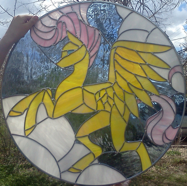 Size: 1387x1377 | Tagged: safe, artist:miss-vicki-vicki, derpibooru import, fluttershy, human, pony, craft, hand, irl, photo, photo window, solo, stained glass, stained glass (irl)