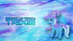 Size: 2732x1536 | Tagged: safe, artist:jamesg2498, artist:misterlolrus, derpibooru import, trixie, pony, unicorn, cape, clothes, female, hat, mare, solo, trixie's cape, trixie's hat, vector, wallpaper