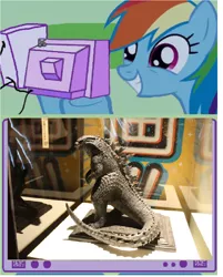 Size: 968x1204 | Tagged: comic con, derpibooru import, exploitable meme, godzilla, godzilla 2014, godzilla encounter, godzilla (series), kaiju, maquette, meme, obligatory pony, rainbow dash, safe, tv meme