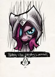 Size: 1269x1776 | Tagged: artist:chromaskunk, artist:leadhooves, assassin's creed, crossover, derpibooru import, pinkamena diane pie, pinkie pie, semi-grimdark, solo