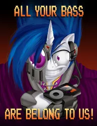 Size: 1275x1650 | Tagged: all your base are belong to us, artist:berrypawnch, cat, cyborg, derpibooru import, ipod, meme, oh no he didn't, parody, pun, safe, solo, vinyl scratch, zero wing