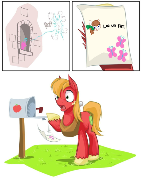 Size: 1100x1428 | Tagged: safe, derpibooru import, big macintosh, oc, oc:troll-raipony, earth pony, pony, fluttershy's letter, lol ur fat, male, meme, shocked, stallion