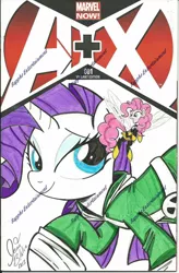 Size: 800x1216 | Tagged: artist:ponygoddess, avengers, clothes, costume, cover, crossover, derpibooru import, insect, pinkie pie, rarity, rogue (x-men), safe, traditional art, wasp, x-men