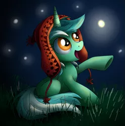 Size: 889x899 | Tagged: artist:xioade, chullo, derpibooru import, firefly (insect), hat, insect, lyra heartstrings, safe, solo