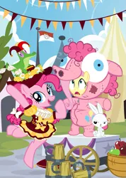 Size: 639x900 | Tagged: safe, artist:pixelkitties, derpibooru import, angel bunny, fluttershy, gummy, pinkie pie, pony, cider, clothes, costume, jester, jester pie, pinkie costume, pixelkitties' brilliant autograph media artwork, pony costume, ruff (clothing)