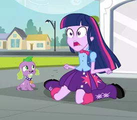 Size: 400x350 | Tagged: safe, derpibooru import, screencap, spike, twilight sparkle, dog, equestria girls, equestria girls (movie), duo, equestria girls prototype, exploitable meme, meme, prototype, spike the dog, twiscream