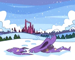 Size: 1280x1024 | Tagged: artist:karzahnii, cape, chasing winter, clothes, crystal empire, derpibooru import, fanfic, fanfic art, fanfic cover, hat, safe, scenery, snow, snowfall, trixie, trixie's cape, trixie's hat