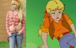 Size: 651x412 | Tagged: applejack, clothes, comparison, cosplay, costume, derpibooru import, edit, firefly's adventure, front knot midriff, g1, g4, human, irl, irl human, megan williams, midriff, photo, rescue at midnight castle, safe, screencap