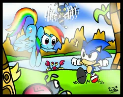 Size: 4652x3648 | Tagged: absurd resolution, artist:neoncabaret, classic sonic, crossover, derpibooru import, green hill zone, rainbow dash, robot, safe, sonic the hedgehog, sonic the hedgehog (series)