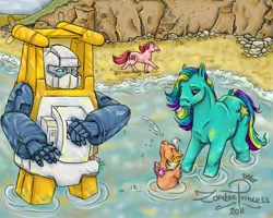 Size: 1280x1024 | Tagged: artist:zombieprincess, beach, crossover, derpibooru import, g1, g3, mouth hold, safe, sea pony, seaspray (g3), seaspray (transformers), shell, transformers, water