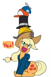 Size: 1000x1500 | Tagged: safe, artist:reiduran, derpibooru import, applejack, earth pony, pony, applejack's hat, baseball cap, beanie, cap, clothes, cowboy hat, cute, female, flanderization, hard hat, hat, hatception, hoodie, jackabetes, mare, pile, silly, silly pony, simple background, sitting, solo, speech bubble, team fortress 2, top hat, towering pillar of hats, who's a silly pony, y'all