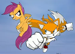 Size: 3950x2862 | Tagged: artist:theblackemperor, crossover, derpibooru import, miles "tails" prower, safe, scootaloo, scootaloo can fly, sonic the hedgehog (series)