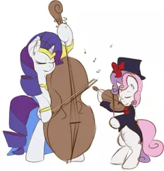 Size: 1280x1333 | Tagged: dead source, safe, artist:kryptchild, derpibooru import, rarity, sweetie belle, pony, bipedal, bow (instrument), cello, clothes, commission, dress, hat, music, musical instrument, ribbon, suit, violin