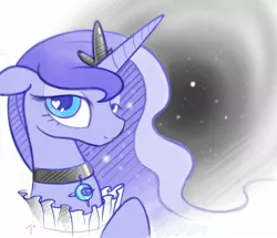 Size: 1822x1567 | Tagged: artist:b-epon, bedroom eyes, collar, colored, dead source, derpibooru import, fancy, heart, jewelry, love, mane, moon, necklace, princess luna, regal, ruff (clothing), ruffled, safe, solo, space