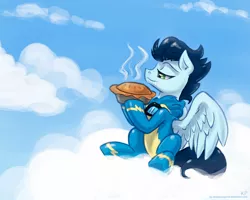 Size: 1500x1200 | Tagged: safe, artist:kp-shadowsquirrel, derpibooru import, soarin', clothes, cloud, cloudy, drool, food, hoof hold, pie, sitting, solo, that pony sure does love pies, tongue out, uniform, wonderbolts uniform