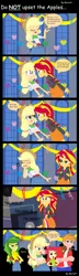 Size: 1336x4620 | Tagged: safe, artist:garretthegarret, derpibooru import, apple bloom, apple fritter, applejack, big macintosh, sunset shimmer, equestria girls, equestria girls (movie), apple family member, comic, comic sans, dialogue, equestria girls-ified, speech bubble, this will end in pain, wrong neighborhood