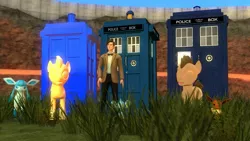 Size: 1191x670 | Tagged: artist:mattwo, crystal tardis, crystal whooves, derpibooru import, doctor who, doctor whooves, eevee, eleventh doctor, glaceon, matt smith, pokémon, safe, shinx, tardis, tardises, time turner