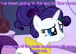 Size: 980x700 | Tagged: bathrobe, caption, clothes, derpibooru import, first world problems, green isn't your color, image macro, poor rarity, purple text, rarity, robe, safe, screencap, solo, spa, text