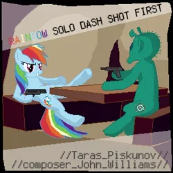 Size: 300x300 | Tagged: safe, artist:distoorted, derpibooru import, rainbow dash, ponified, pony, chalmun's cantina, greedo, gun, han shot first, parody, rodian, star wars, weapon