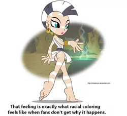 Size: 1108x1017 | Tagged: alternate color palette, cauldron, derpibooru import, drama, edit, how dare you?, human, humanized, light skin, safe, satire, solo, text, white zecora, zecora, zecora's hut