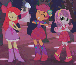 Size: 353x303 | Tagged: safe, derpibooru import, screencap, apple bloom, microchips, rose heart, scootaloo, sweet leaf, sweetie belle, tennis match, equestria girls, equestria girls (movie), adorabloom, adorkable, animated, apple bloom's bow, background human, bow, chicken dance, cute, cutealoo, cutie mark crusaders, dancing, diasweetes, dork, fall formal, fall formal outfits, female, flower, flower in hair, gangnam style, hair bow, hairband, hiiragi tsukasa, lucky star, scootachicken, trio, trio female