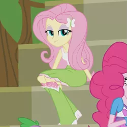 Size: 647x646 | Tagged: safe, derpibooru import, screencap, fluttershy, equestria girls, equestria girls (movie), bedroom eyes, bleachers, boots, bracelet, cropped, high heel boots, jewelry, shoes