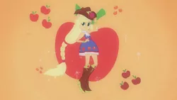 Size: 1920x1080 | Tagged: safe, derpibooru import, screencap, applejack, equestria girls, equestria girls (movie), apple, bare shoulders, boots, bracelet, clothes, cowboy boots, cowboy hat, element of honesty, fall formal outfits, food, harmonic transformation, hat, jewelry, ponied up, ponytail, shoes, sleeveless, solo, strapless