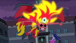 Size: 1023x576 | Tagged: safe, derpibooru import, screencap, sunset shimmer, twilight sparkle, equestria girls, equestria girls (movie), angry, big crown thingy, element of magic, fiery shimmer, fist, flying, jewelry, mane of fire, regalia, sunset satan, windswept mane