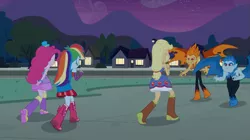 Size: 1023x574 | Tagged: safe, derpibooru import, screencap, applejack, pinkie pie, rainbow dash, snails, snips, demon, equestria girls, equestria girls (movie), bare shoulders, boots, bracelet, cowboy boots, fall formal outfits, hat, high heel boots, jewelry, shoes, sleeveless, strapless, the fools, top hat