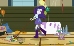 Size: 993x627 | Tagged: safe, derpibooru import, screencap, rarity, spike, dog, equestria girls, equestria girls (movie), balloon, boots, bracelet, broom, clothes, confetti, cute, heart, high heel boots, jewelry, pumpkin, shoes, skirt, spike the dog, streamers, time to come together