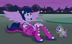 Size: 1151x711 | Tagged: safe, derpibooru import, screencap, spike, twilight sparkle, dog, equestria girls, equestria girls (movie), boots, faic, fall formal outfits, high heel boots, ponied up, shoes, smiling, sparkles, spike the dog, twilight ball dress, wings