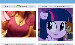 Size: 545x334 | Tagged: suggestive, derpibooru import, twilight sparkle, human, derpibooru, equestria girls, equestria girls (movie), breasts, cleavage, exploitable meme, female, irl, irl human, juxtaposition, juxtaposition win, meme, meta, photo, tara strong, voice actor