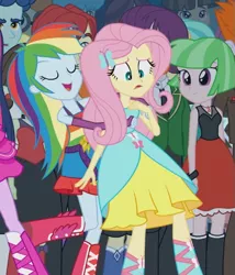 Size: 535x624 | Tagged: safe, derpibooru import, screencap, drama letter, fluttershy, indigo wreath, rainbow dash, tennis match, watermelody, equestria girls, equestria girls (movie), background human, bare shoulders, boots, fall formal, fall formal outfits, high heel boots, out of context, rainbow, shoes, sleeveless, strapless