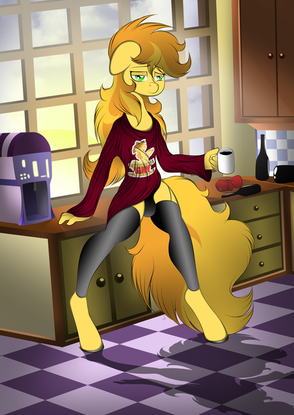 Size: 920x1299 | Tagged: anthro, artist:v-d-k, braeburn, clothes, crossdressing, crotch bulge, derpibooru import, everypony's gay for braeburn, male, panties, questionable, solo, solo male, stockings, thigh highs, underwear