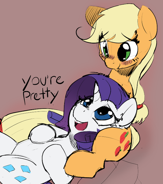 Size: 607x685 | Tagged: safe, artist:allosaurus, artist:mewball, derpibooru import, applejack, rarity, blushing, cuddling, dialogue, female, lesbian, rarijack, shipping, snuggling, you're cute