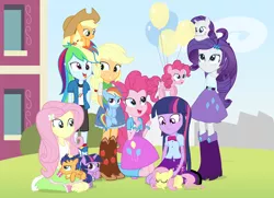Size: 1280x928 | Tagged: safe, artist:dm29, derpibooru import, applejack, flash sentry, fluttershy, pinkie pie, rainbow dash, rarity, twilight sparkle, earth pony, pegasus, pony, unicorn, equestria girls, applejack's hat, balloon, colt, cowboy hat, cute, derp, female, filly, floating, hat, holding a pony, human ponidox, julian yeo is trying to murder us, male, petting, pony pet, self ponidox, sleeping, square crossover, then watch her balloons lift her up to the sky, twolight, voice actor joke