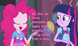 Size: 1280x762 | Tagged: safe, derpibooru import, edit, edited screencap, screencap, pinkie pie, twilight sparkle, equestria girls, equestria girls (movie), caption, cards against equestria girls, duo, image macro, pink text, text