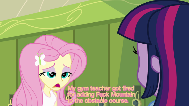 Size: 1280x720 | Tagged: safe, derpibooru import, edit, edited screencap, screencap, fluttershy, twilight sparkle, equestria girls, equestria girls (movie), caption, cards against equestria girls, duo, image macro, lidded eyes, text, vulgar