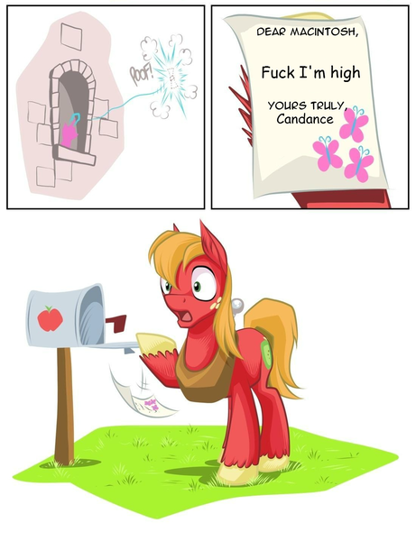 Size: 1100x1432 | Tagged: safe, artist:mysticalpha, derpibooru import, big macintosh, princess cadance, earth pony, pony, fluttershy's letter, fuck i'm high, male, meme, stallion, vulgar