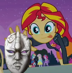 Size: 360x366 | Tagged: safe, derpibooru import, edit, edited screencap, screencap, fluttershy, pinkie pie, rainbow dash, sunset shimmer, equestria girls, equestria girls (movie), cropped, exploitable meme, jojo's bizarre adventure, meme, solo focus, stone mask, sunset shimmer reaching for things, tongue out