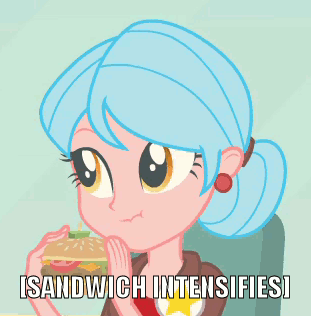 Size: 311x316 | Tagged: safe, derpibooru import, edit, edited screencap, screencap, carla jr., equestria girls, equestria girls (movie), animated, background human, descriptive noise, food, meme, sandwich, seizure warning, solo, vibrating, x intensifies